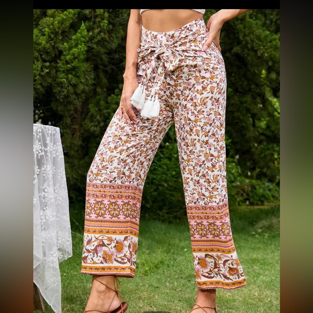 NWT Boho Tie Front Wide Leg Cropped Pants Sz Sm